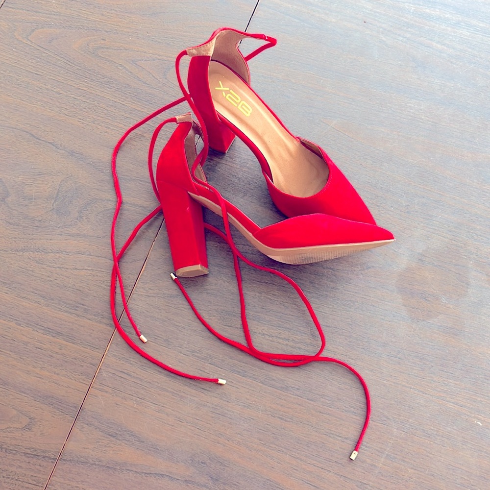 Red Lace-Up Pointed Toe Block Heels - image 1